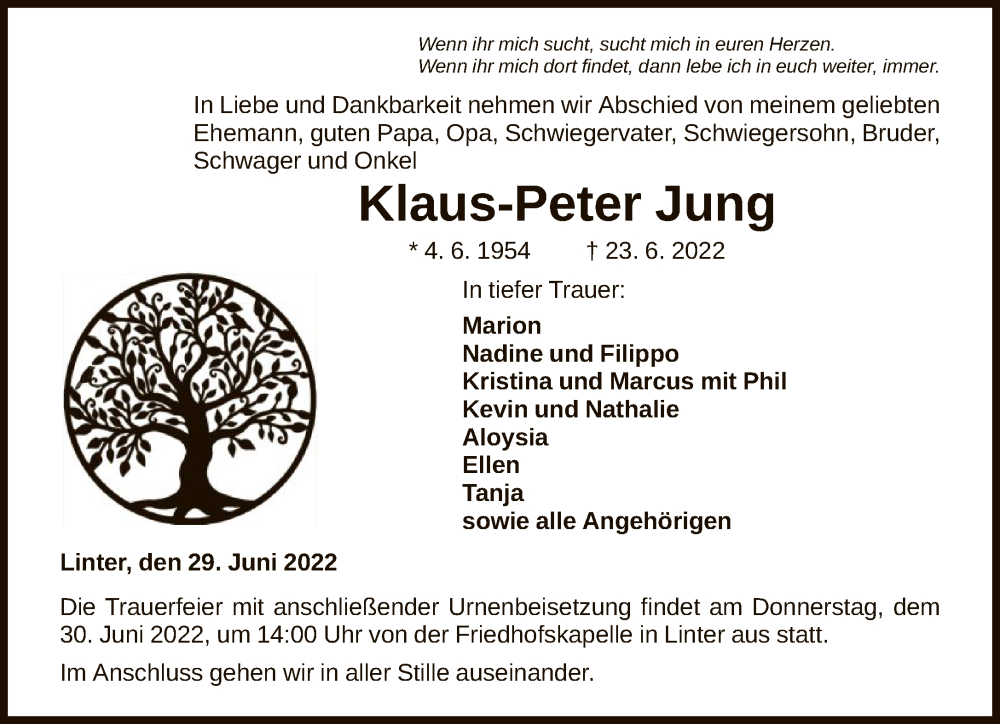  Traueranzeige für Klaus-Peter Jung vom 29.06.2022 aus FNP