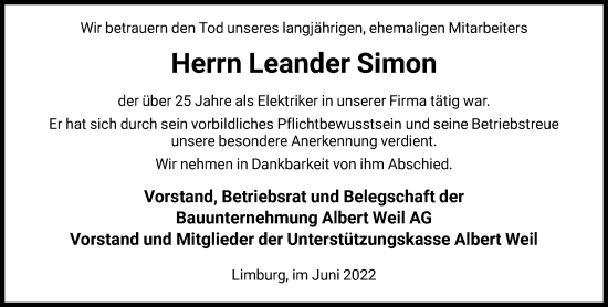 Traueranzeige von Leander Simon von FNP