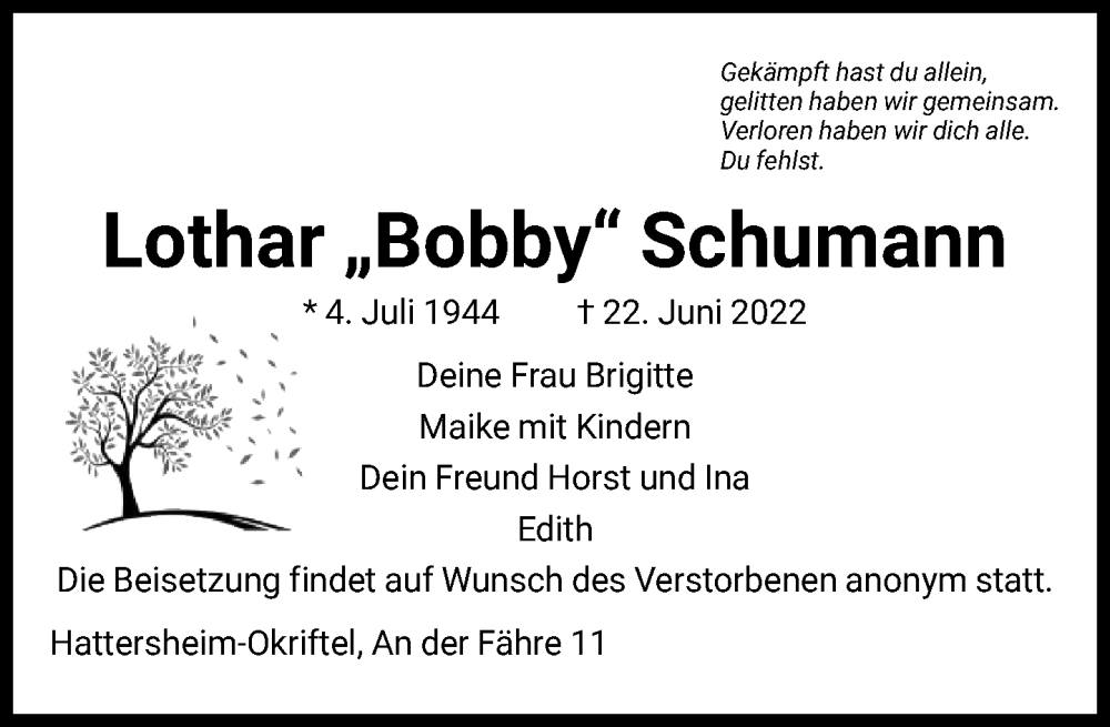  Traueranzeige für Lothar Schumann vom 25.06.2022 aus FNP