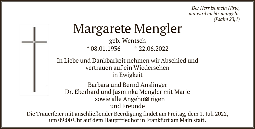  Traueranzeige für Margarete Mengler vom 25.06.2022 aus FNP