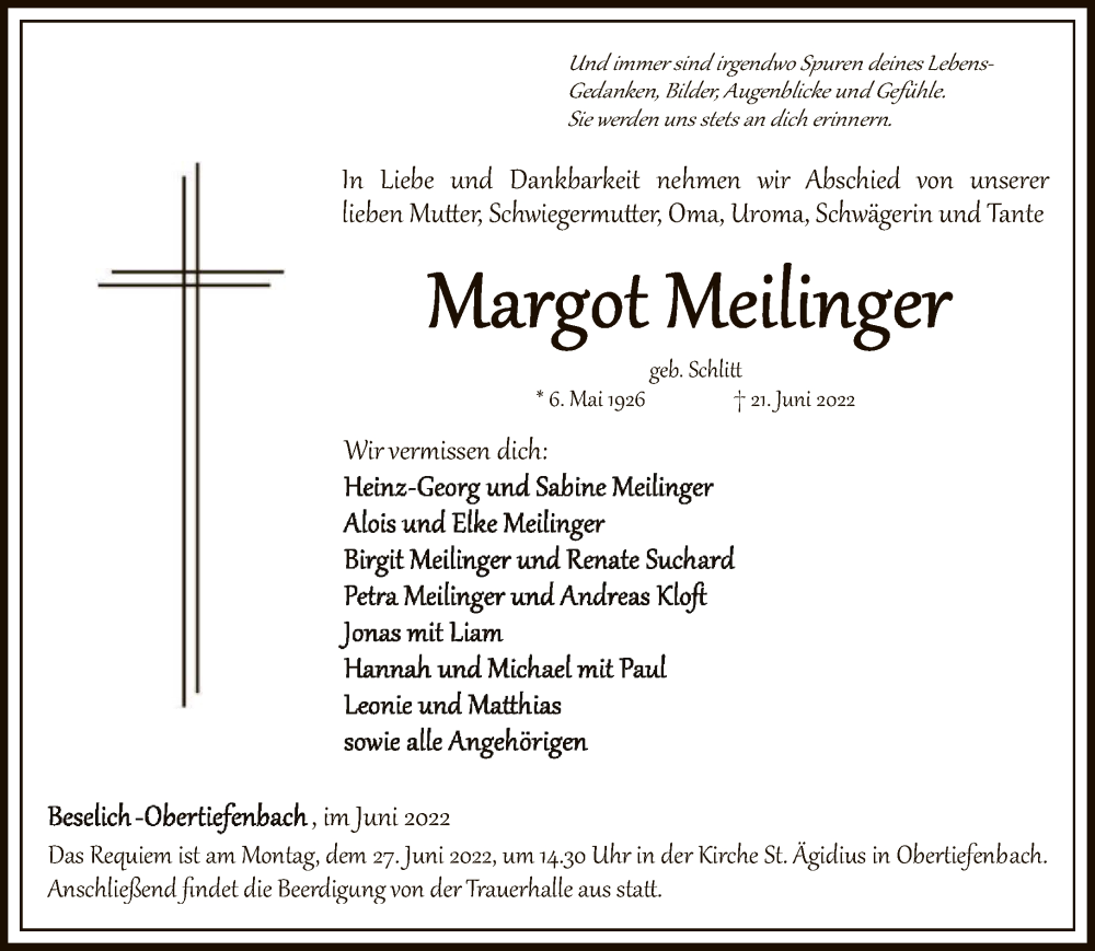  Traueranzeige für Margot Meilinger vom 24.06.2022 aus FNP