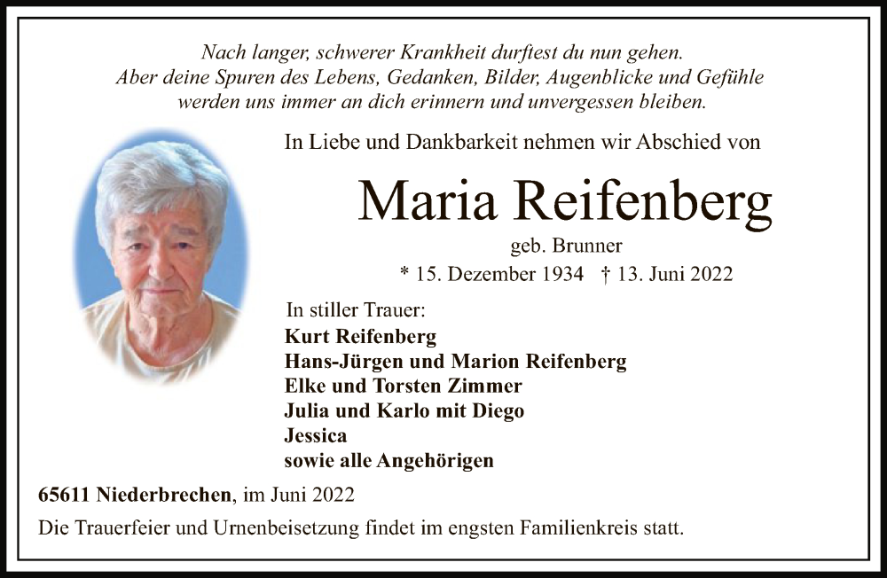  Traueranzeige für Maria Reifenberg vom 18.06.2022 aus FNP