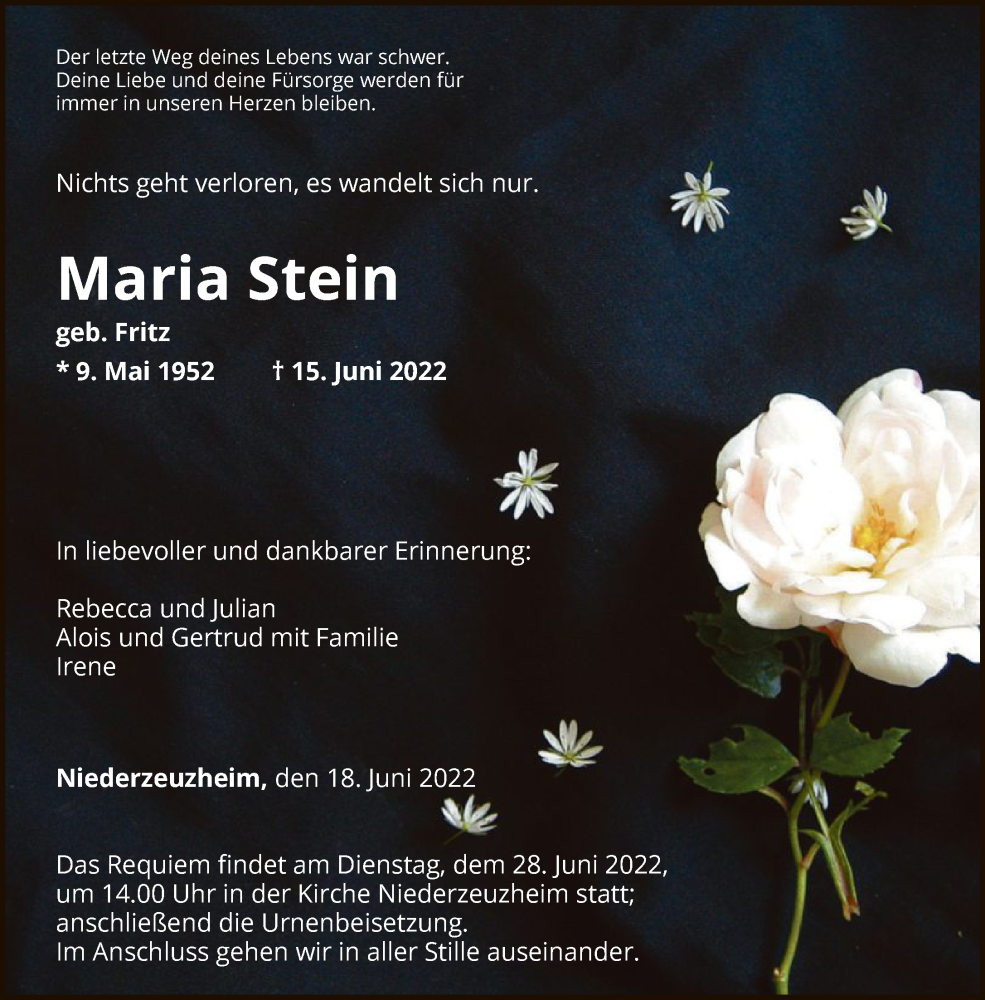  Traueranzeige für Maria Stein vom 18.06.2022 aus FNP