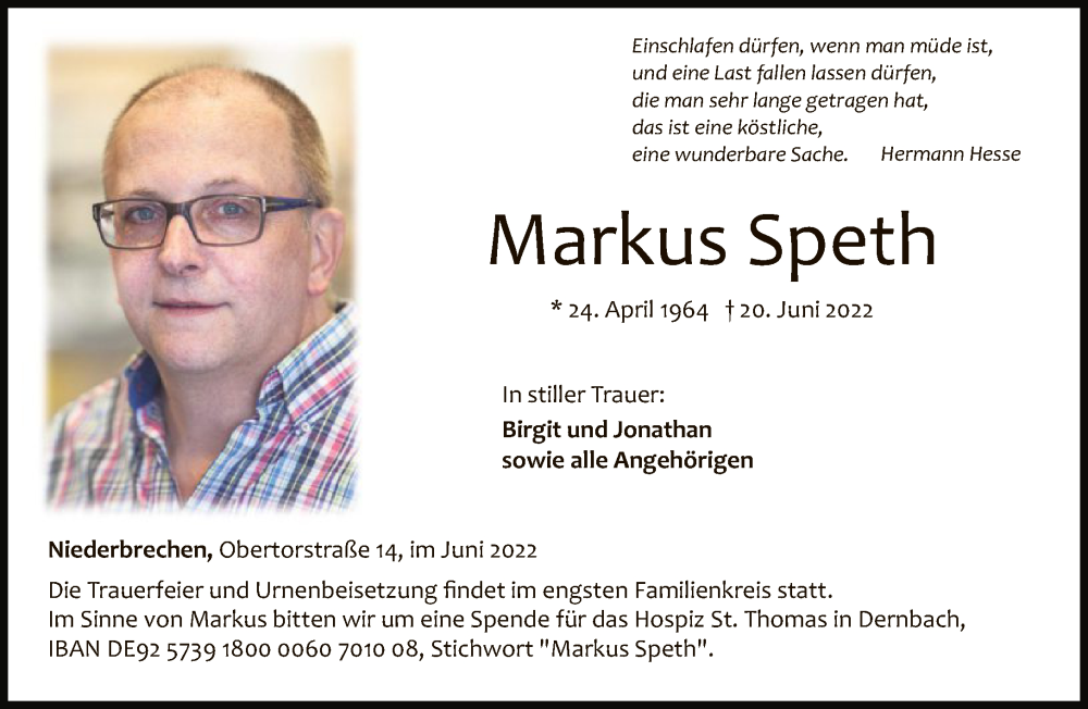  Traueranzeige für Markus Speth vom 25.06.2022 aus FNP