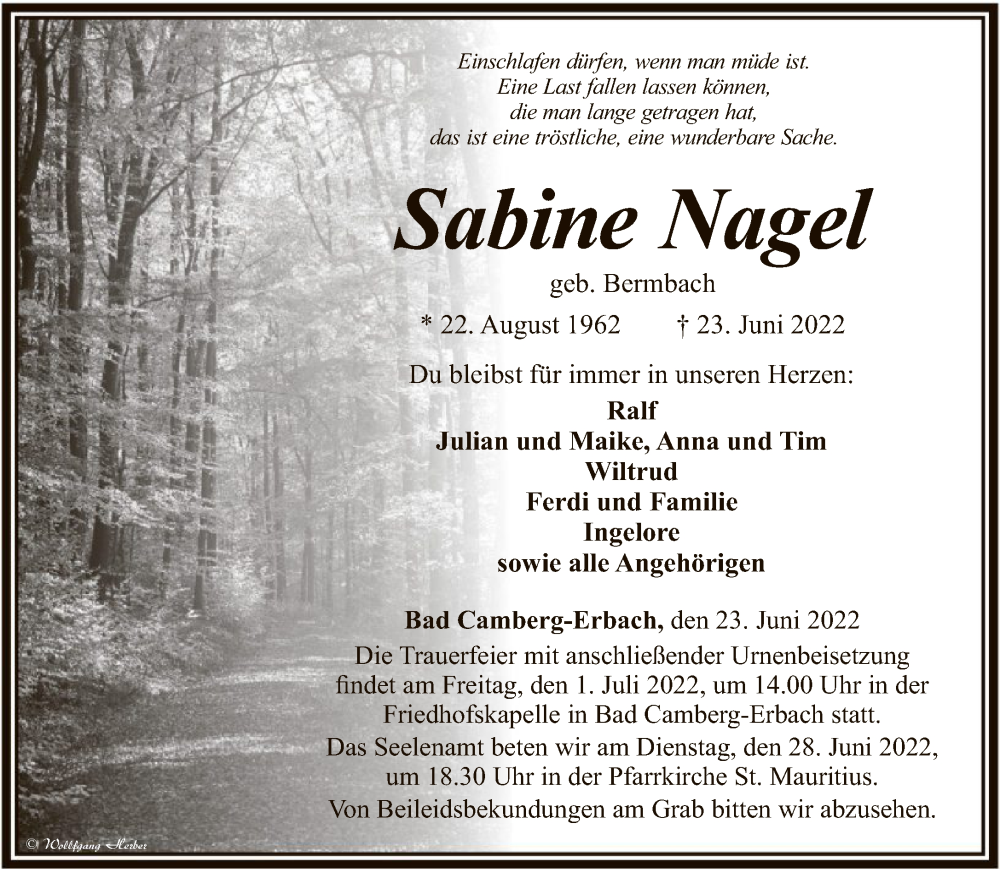  Traueranzeige für Sabine Nagel vom 25.06.2022 aus FNP
