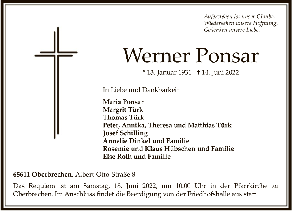  Traueranzeige für Werner Ponsar vom 17.06.2022 aus FNP