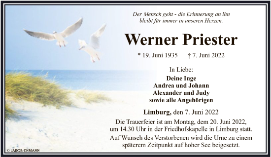 Traueranzeige von Werner Priester von FNP