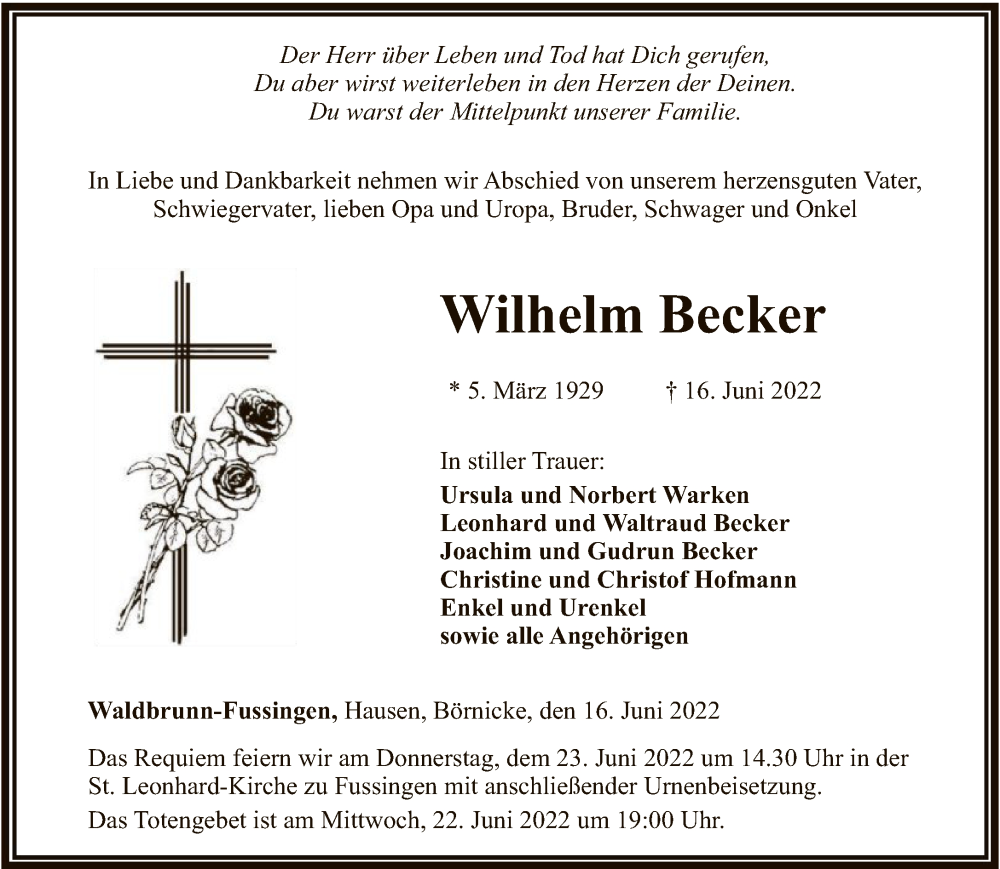  Traueranzeige für Wilhelm Becker vom 21.06.2022 aus FNP