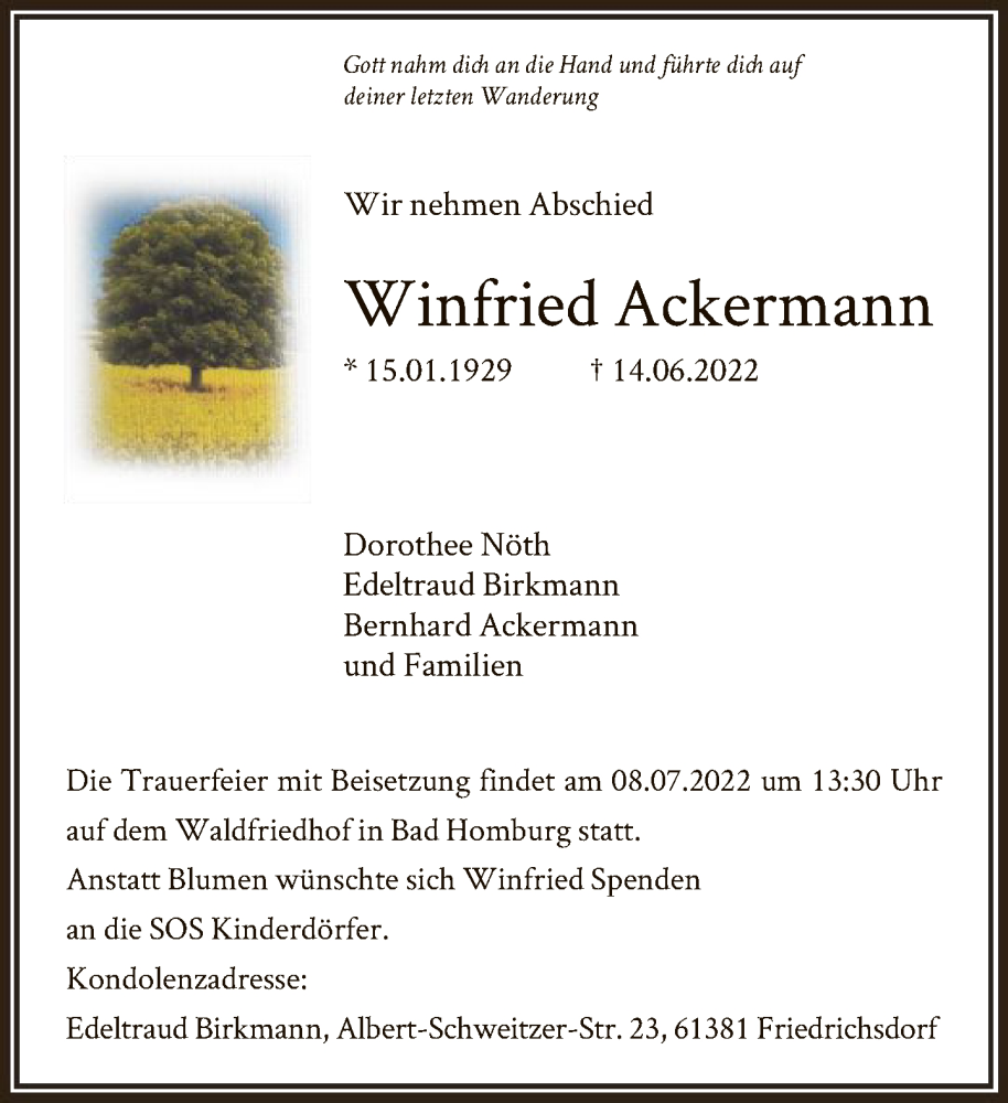  Traueranzeige für Winfried Ackermann vom 22.06.2022 aus FNP