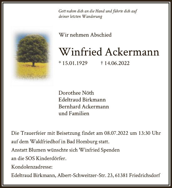 Traueranzeige von Winfried Ackermann von FNP