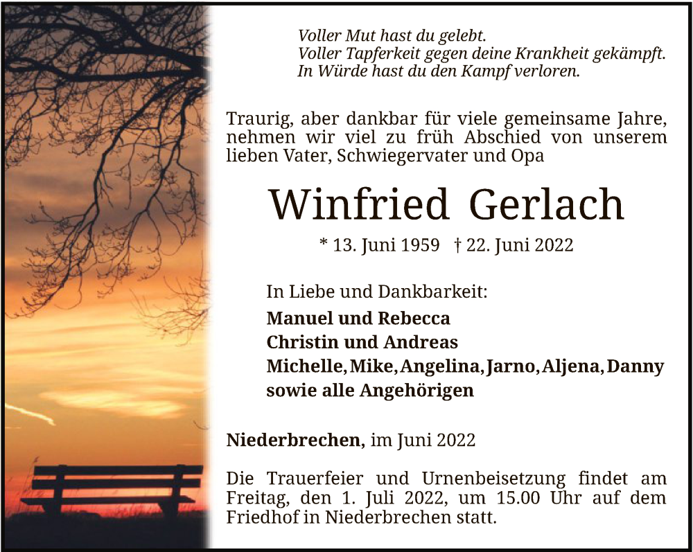  Traueranzeige für Winfried Gerlach vom 25.06.2022 aus FNP