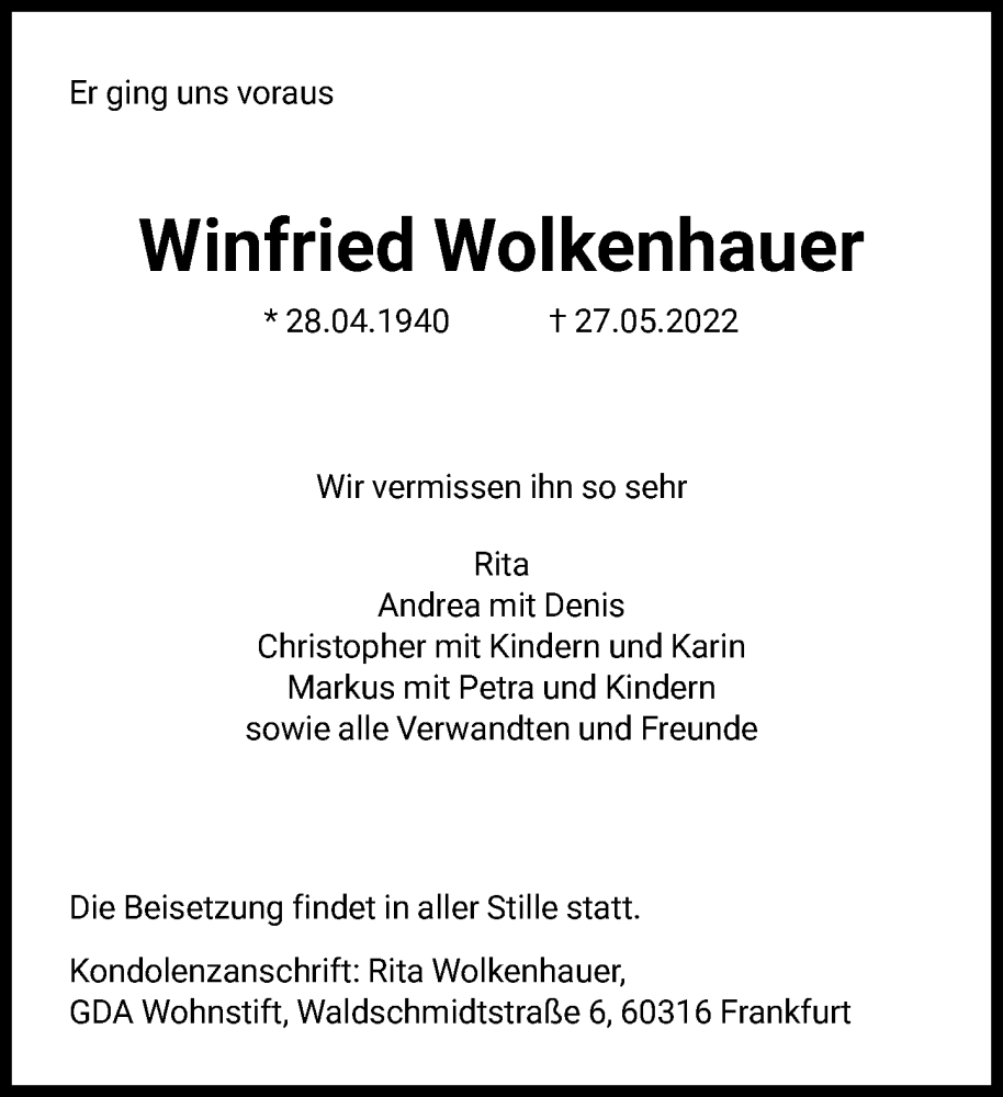  Traueranzeige für Winfried Wolkenhauer vom 04.06.2022 aus FNP