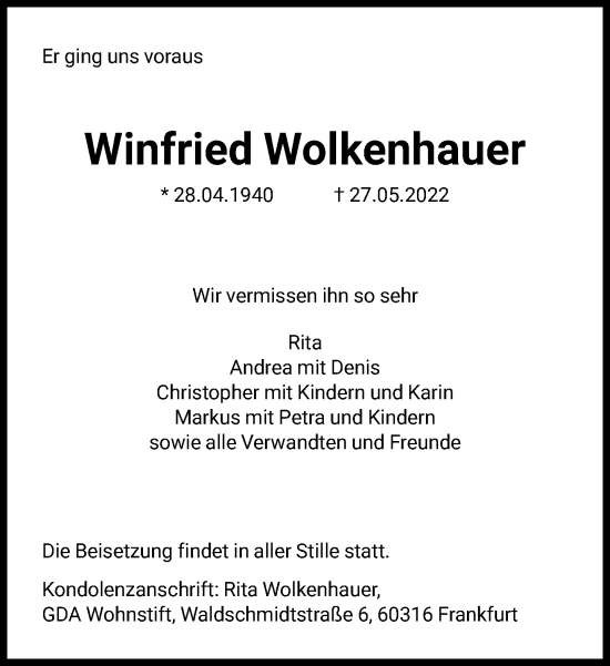 Traueranzeige von Winfried Wolkenhauer von FNP