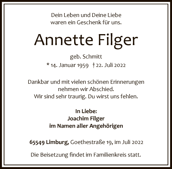 Traueranzeige von Annette Filger von FNP