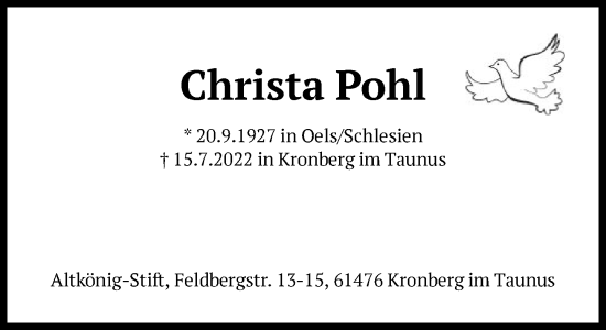 Traueranzeige von Christa Pohl von FNP