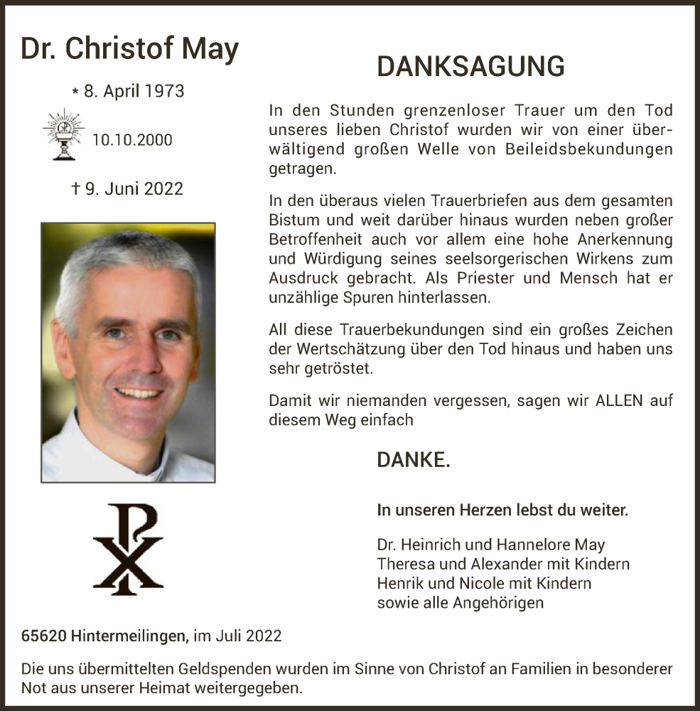  Traueranzeige für Christof May vom 23.07.2022 aus FNP