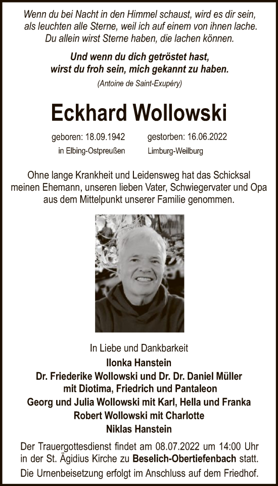 Traueranzeige von Eckhard Wollowski von FNP