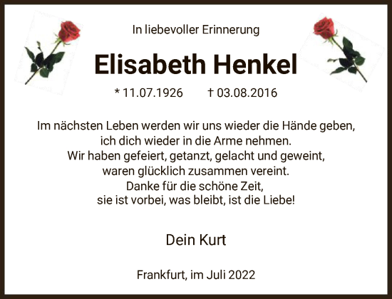 Traueranzeige von Elisabeth Henkel von FNP