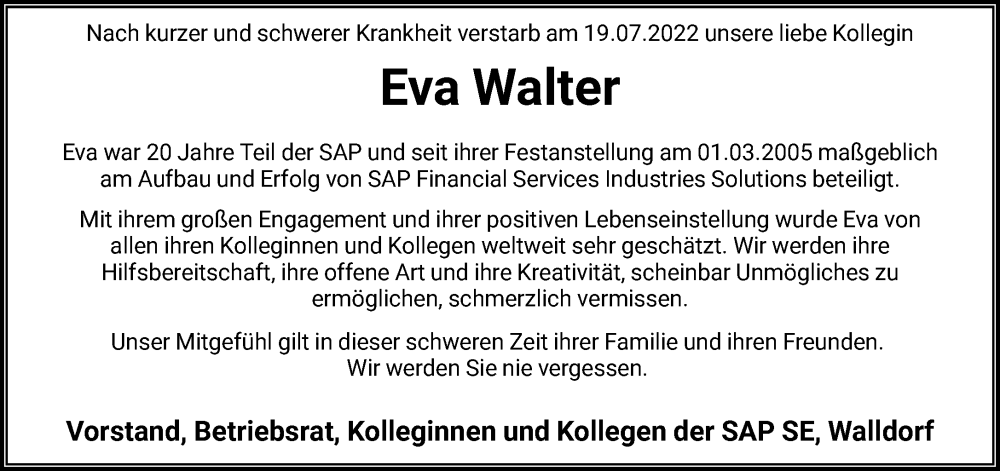  Traueranzeige für Eva Walter vom 28.07.2022 aus FNP