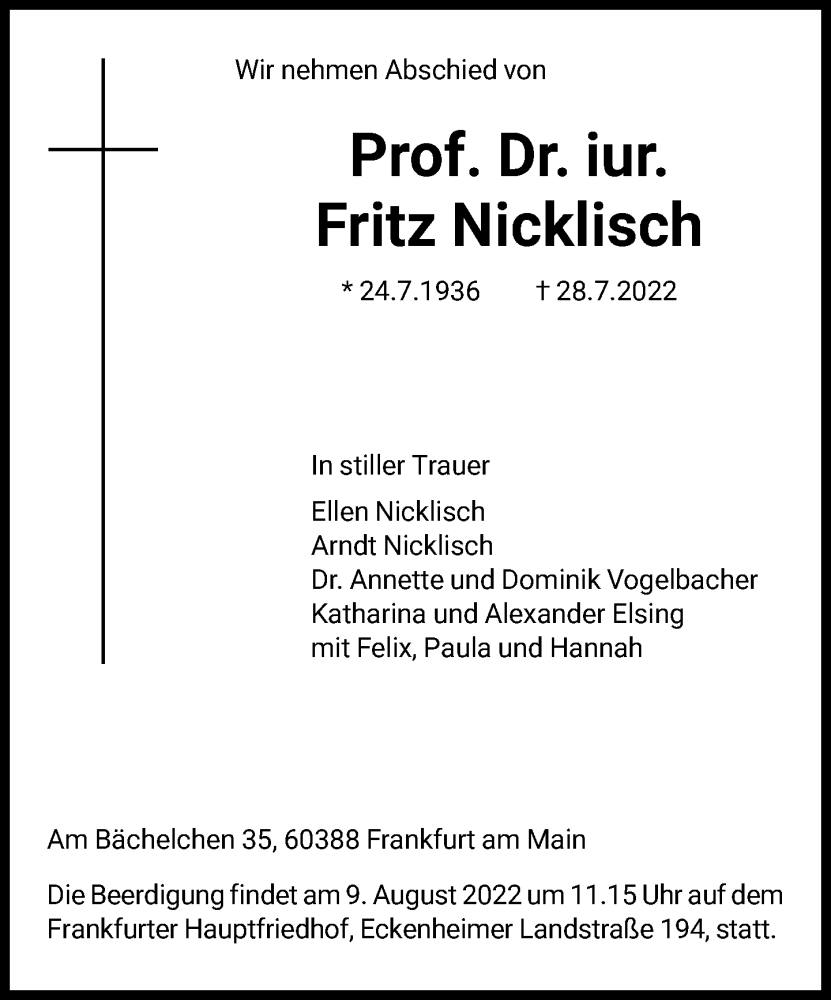  Traueranzeige für Fritz Nicklisch vom 30.07.2022 aus FNP