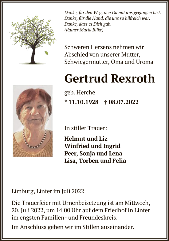 Traueranzeige von Gertrud Rexroth von FNP