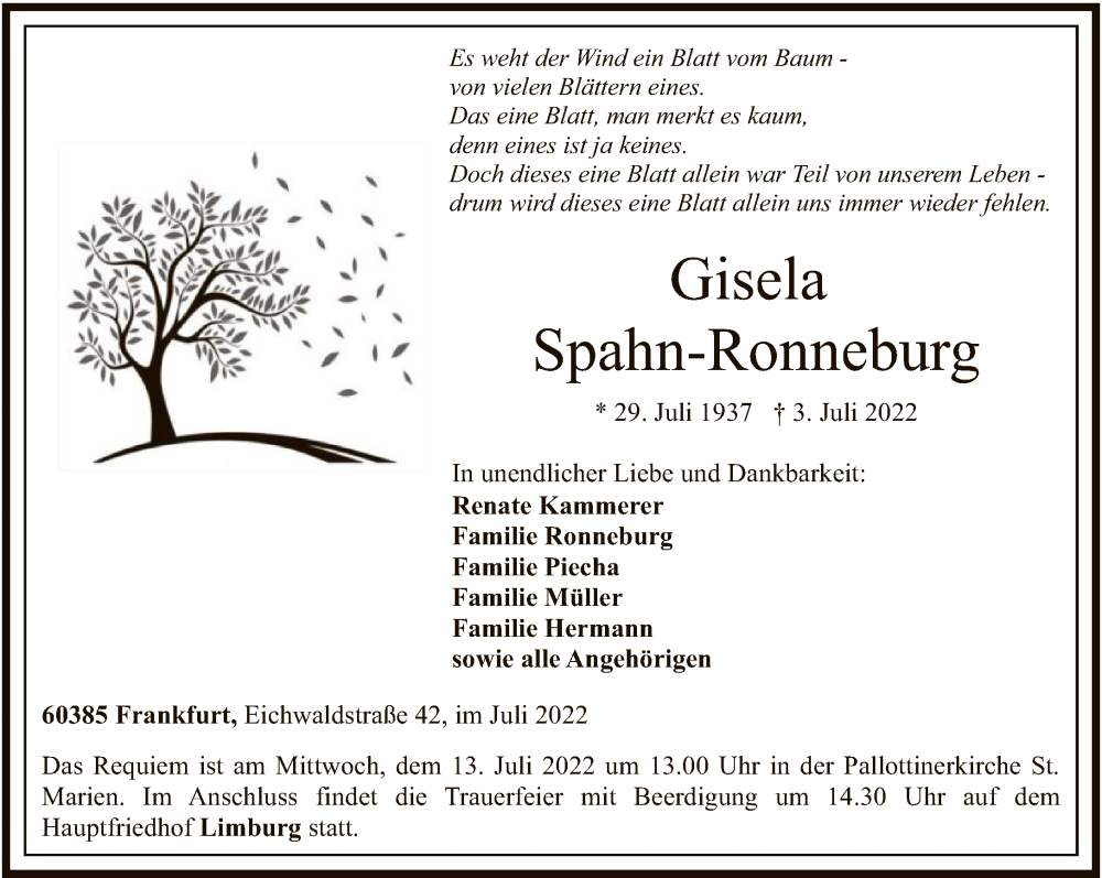  Traueranzeige für Gisela Spahn-Ronneburg vom 09.07.2022 aus FNP