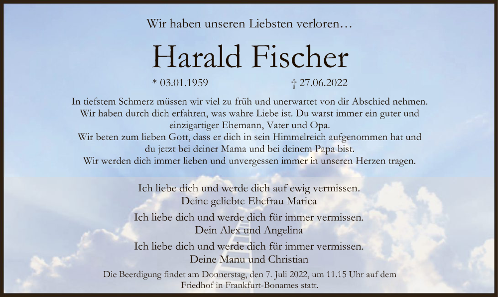 Traueranzeige für Harald Fischer vom 04.07.2022 aus FNP