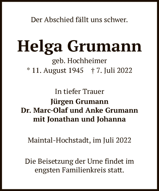 Traueranzeige von Helga Grumann von FNP