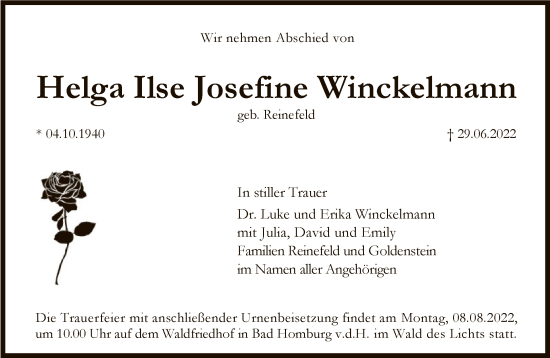Traueranzeige von Helga Ilse Josefine Winckelmann von FNP