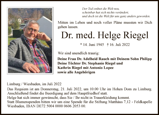 Traueranzeige von Helge Riegel von FNP