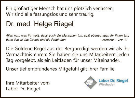 Traueranzeige von Helge Riegel von FNP