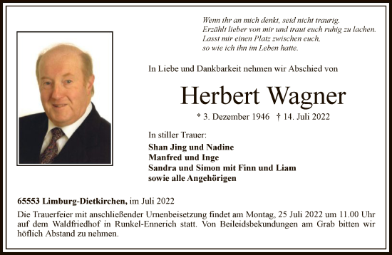 Traueranzeige von Herbert Wagner von FNP