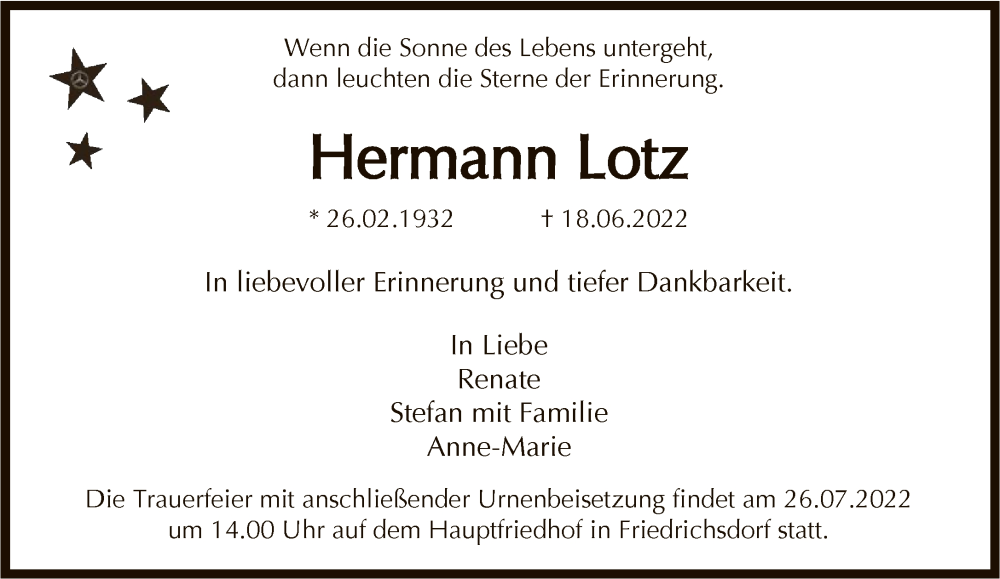  Traueranzeige für Hermann Lotz vom 16.07.2022 aus FNP