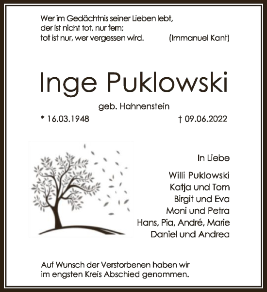 Traueranzeige von Inge Puklowski von FNP