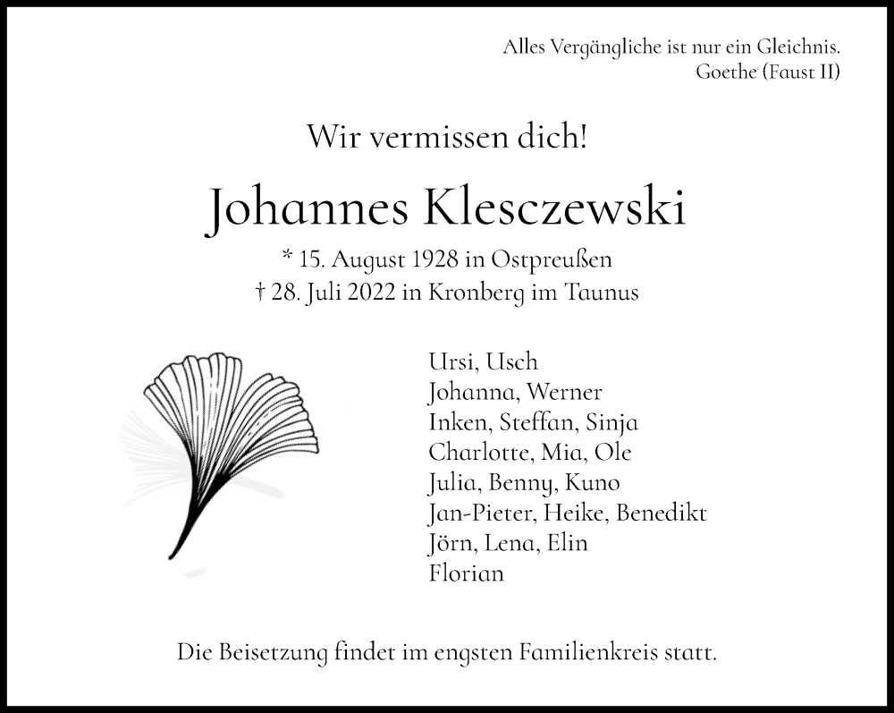  Traueranzeige für Johannes Klesczewski vom 30.07.2022 aus FNP