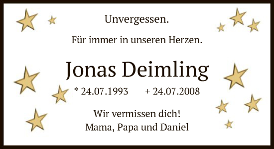 Traueranzeige von Jonas Deimling von FNP