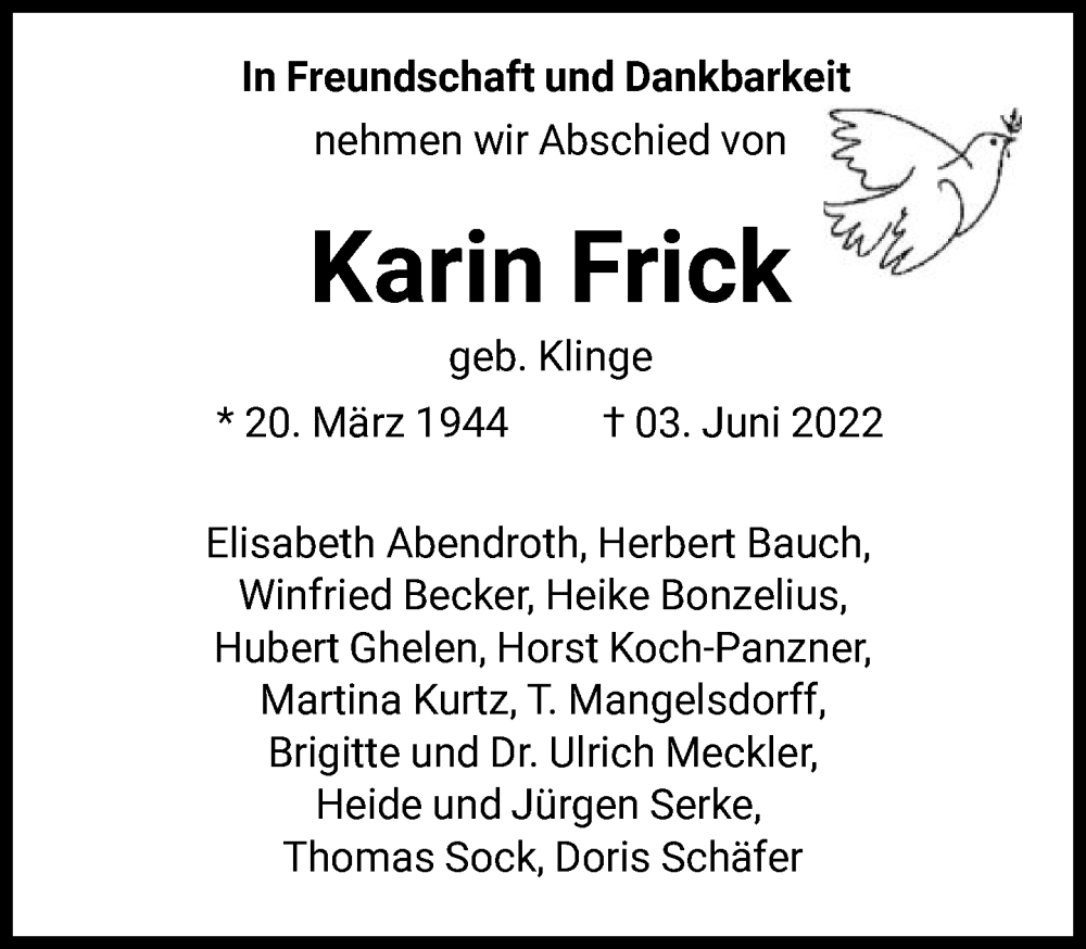  Traueranzeige für Karin Frick vom 12.07.2022 aus FNP