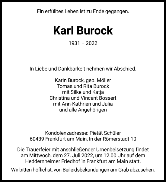 Traueranzeige von Karl Burock von FNP