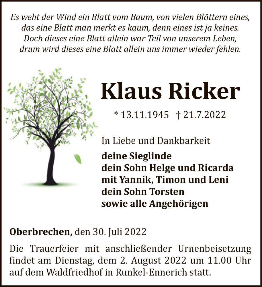  Traueranzeige für Klaus Ricker vom 30.07.2022 aus FNP