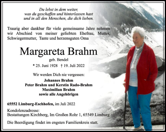 Traueranzeige von Margareta Brahm von FNP