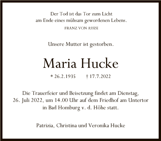 Traueranzeige von Maria Hucke von FNP