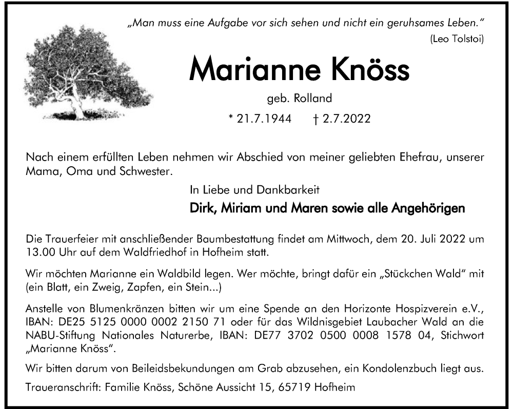 Traueranzeigen Von Marianne Knöss Trauer Rheinmainde 