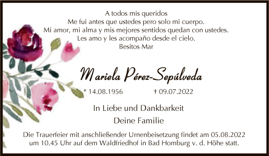 Traueranzeige von Mariela Pérez-Sepúlveda von FNP
