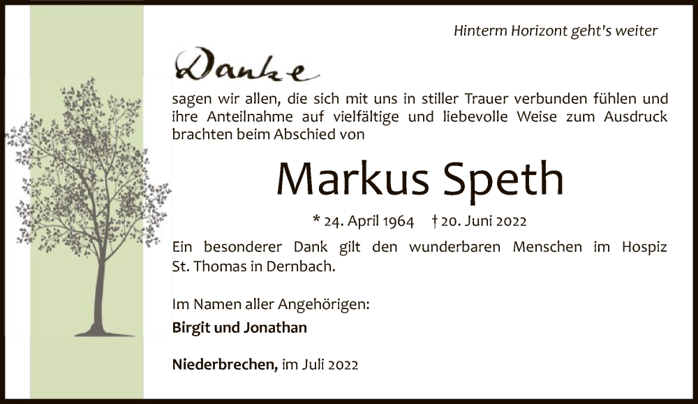  Traueranzeige für Markus Speth vom 16.07.2022 aus FNP