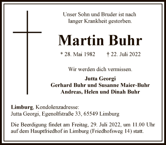 Traueranzeige von Martin Buhr von FNP