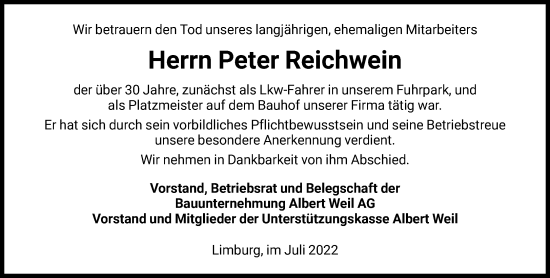 Traueranzeige von Peter Reichwein von FNP