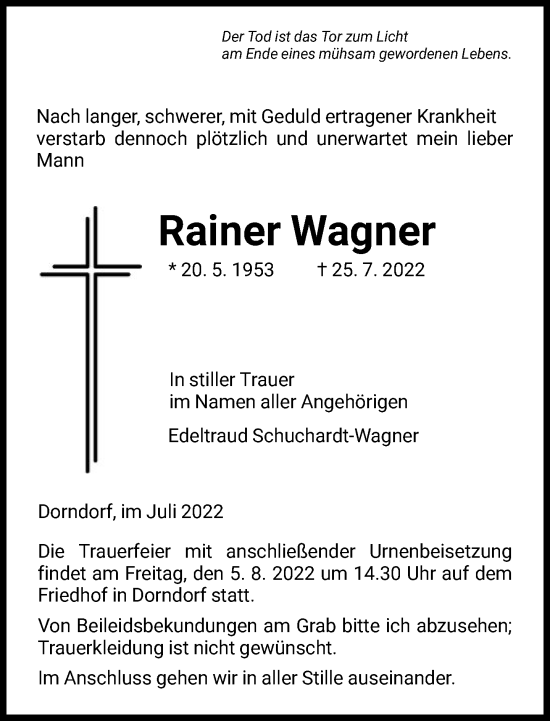 Traueranzeige von Rainer Wagner von FNP