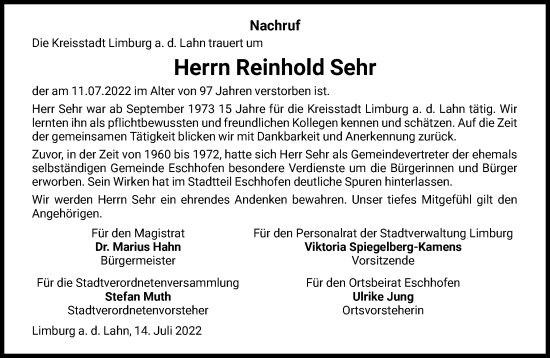 Traueranzeige von Reinhold Sehr von FNP