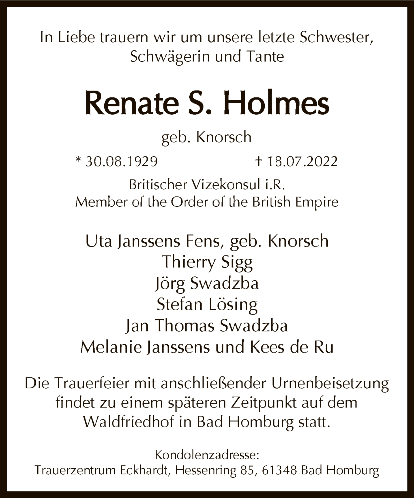  Traueranzeige für Renate S. Holmes vom 30.07.2022 aus FNP