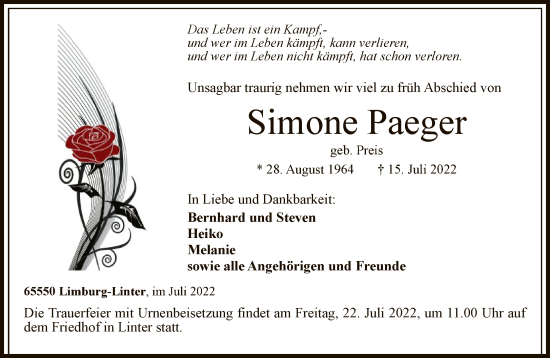 Traueranzeige von Simone Paeger von FNP